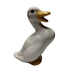 Vintage White Ceramic Duck Figurine Glossy Hand Painted Farmhouse Decor 8.5 Inch